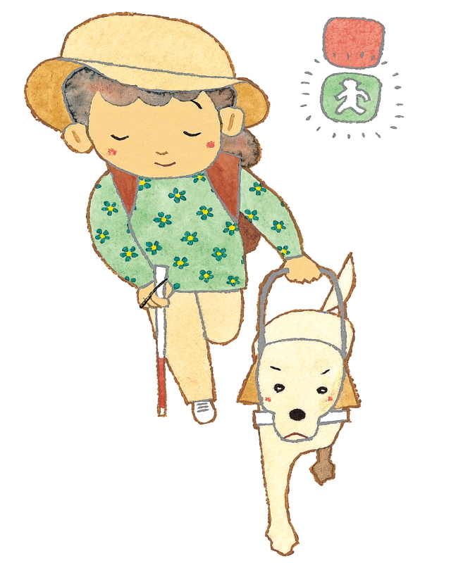 盲導犬を連れて歩く白い杖のお母さん